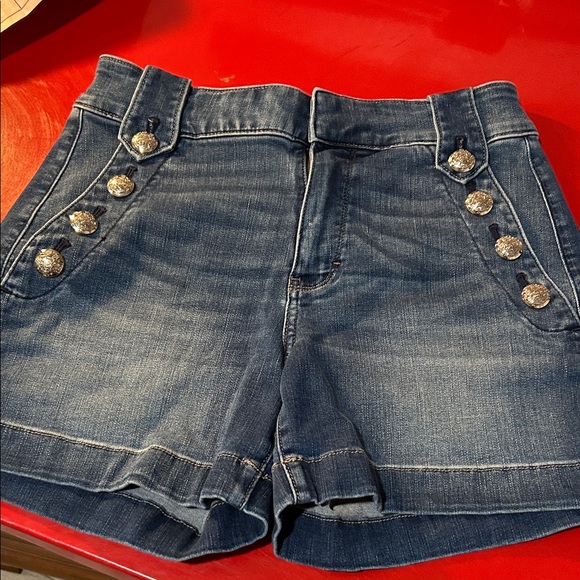 White House Black Market Pants - White House Black Market Blue Jean Shorts with Silver Button Accents
